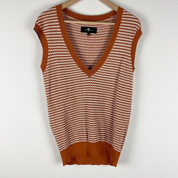 7 For All Mankind Brown and White V-Neck Sweater - Picture 1 of 11